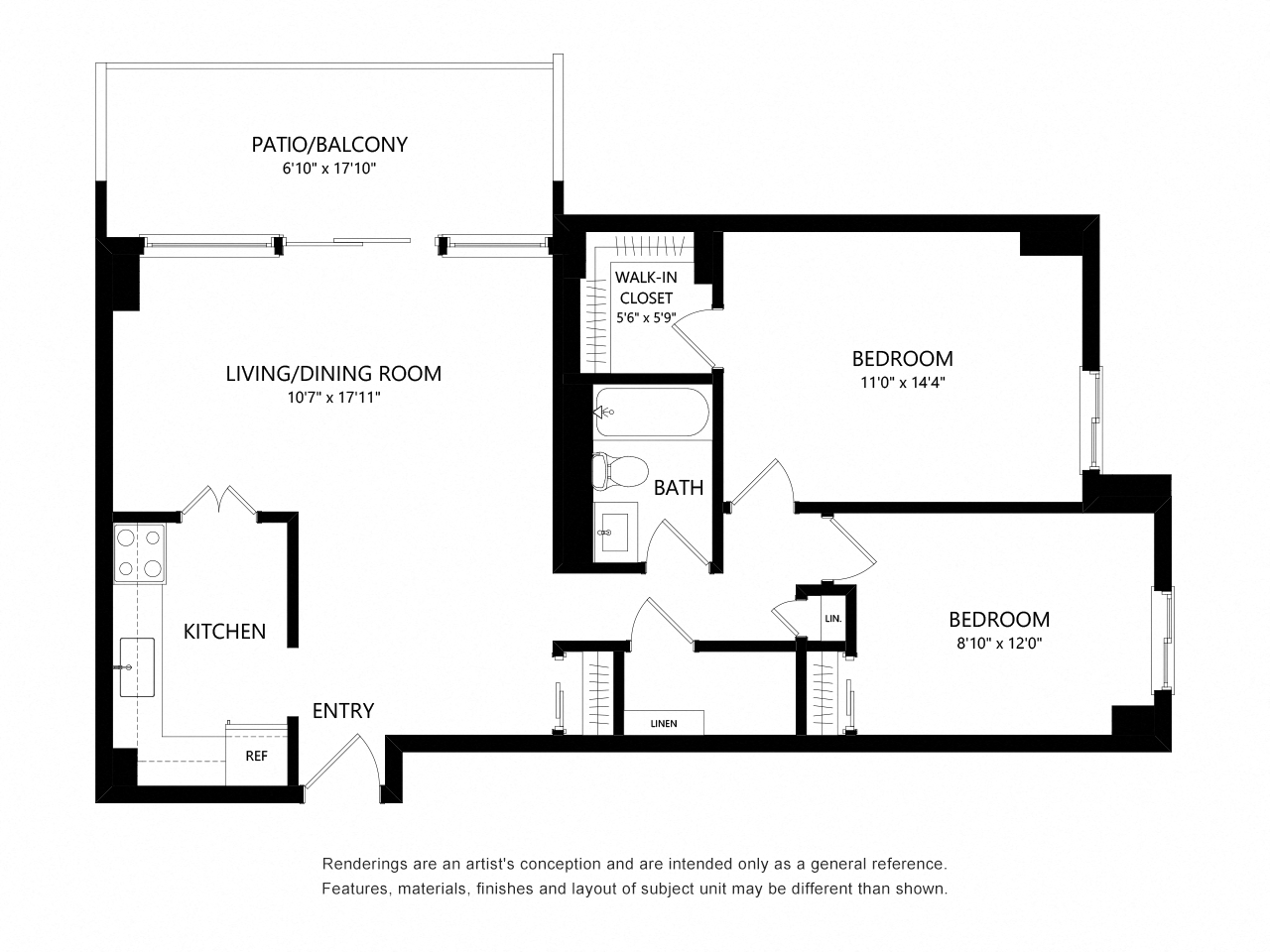 Floor plan for 2 beds, 1 bath, 917 sqft